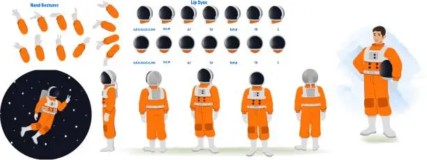 Vector illustration of An astronaut model sheet. Space character creation set. Male astronaut turnaround sheet, hand gestures, lip sync