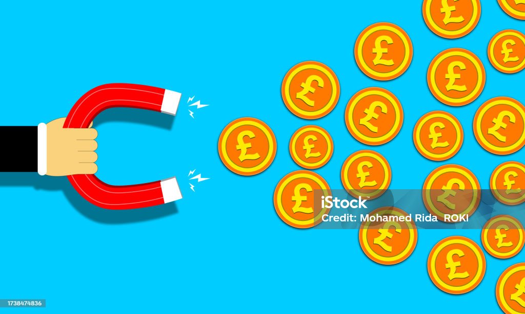 Magnet Attract Pound Sterling Coins. British Currency Magnetism and Attraction Concept . Banking Stock Photo
