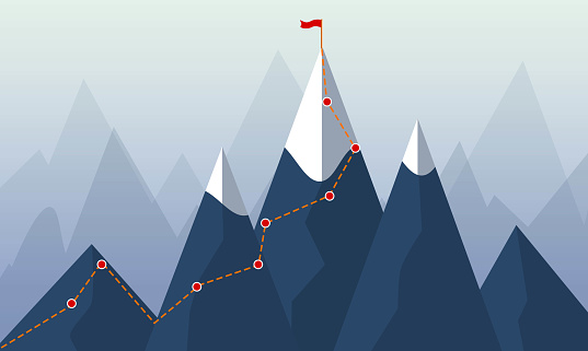 Mountains with Climbing Route Path with red Success Flag. Concept of business growth, Goal and challenges