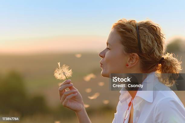 Photo libre de droit de Une Jeune Femme Souffle Pissenlit banque d'images et plus d'images libres de droit de Femmes - Femmes, Fleur de pissenlit, Une seule femme