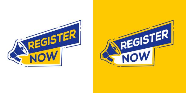 Register now label badge with megaphone vector graphic Register now label badge with megaphone vector graphic join today button stock illustrations