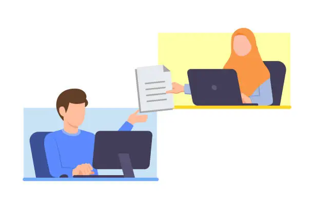 Vector illustration of Business team working remotely and transfer files online