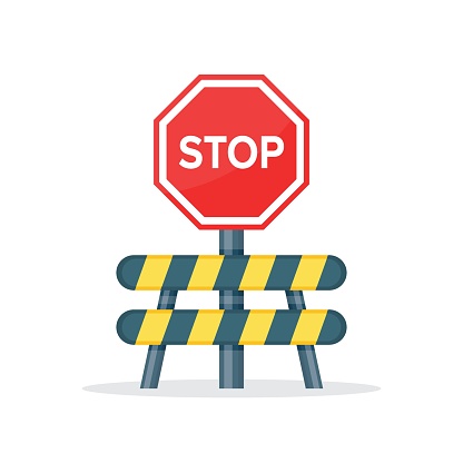 istock Stop traffic road barrier icon in flat style. Roadwork vector illustration on isolated background. Safety barricade sign business concept. 1738485953