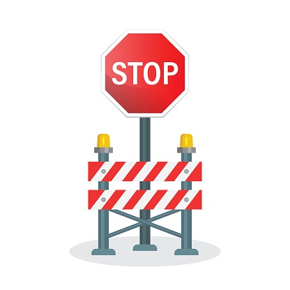 istock Stop traffic road barrier icon in flat style. Roadwork vector illustration on isolated background. Safety barricade sign business concept. 1738486277