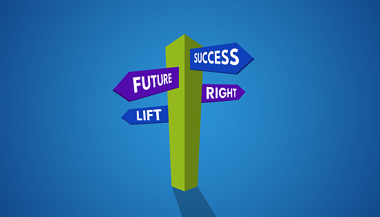 Success future direction. 3D Road Sign with lift and right crossroad on blue background