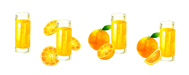 Set of orange juice. Hand-drawn watercolor illustration of drink and fruit.