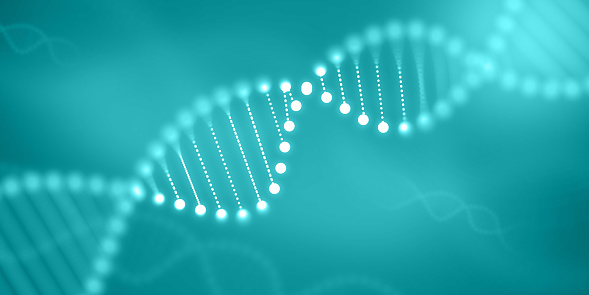 Blurred DNA Blue Background. Turquoise Medical Abstract blur for science, biology and Gene Genetic