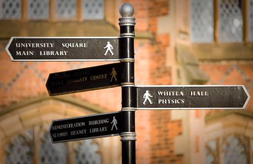 Directional sign at Belfast's main university with university thrown out of focus behind. Taken with Canon 1Ds Mark IIIMore Queens University images: