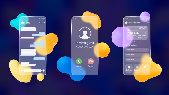 Matt screen phone mockup. Glassmorphism style screens and abstract 3d shapes. Blurred plastic elements. Smartphone chat or call, online bank pithy vector set of glassmorphism mockup illustration