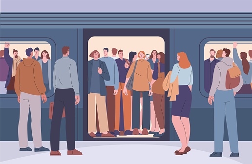 People crowd in subway train. Public transportation peak hours, passengers on metro platform and in railway overcrowded carriage kicky vector scene of public subway train