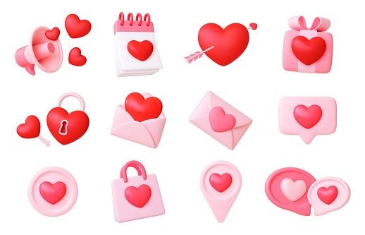 3d love icons. Social media various symbols with hearts. Message, megaphone and speech bubbles. Valentines day, wedding, romantic pithy vector set of icon love heart symbol illustration