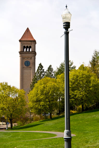 istock Clock tower and lightpost at Riverfront Park in Spokane, Washington 173851141