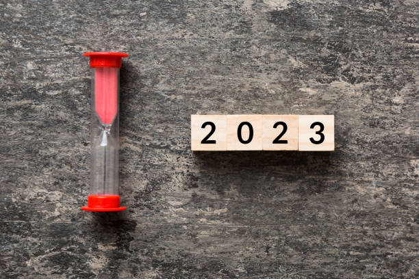 istock New Year 2023 sand timer. Resolution, time, plan, goal, motivation, reboot, countdown and New Year holiday concepts. Hourglass with number 2023 1738514157
