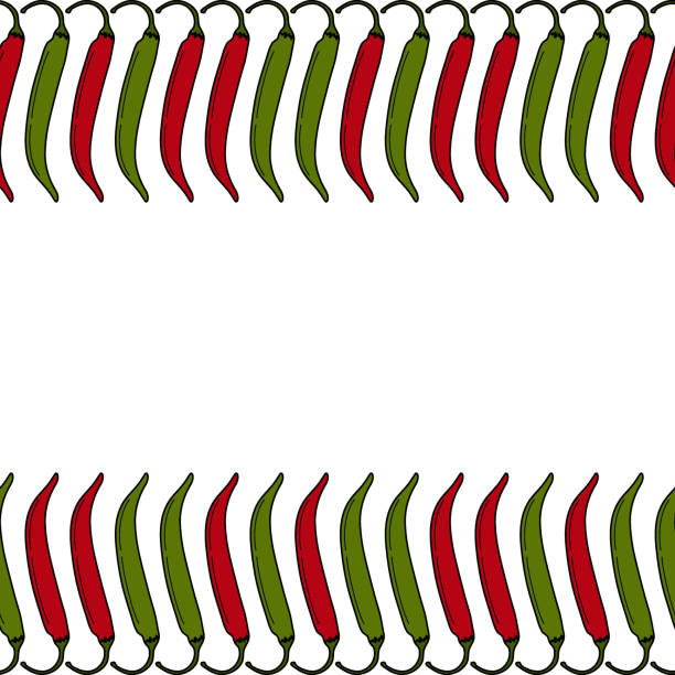 Abstract rectangular double sided frame of garland of chili pepper in trendy bright color. Copyspace Abstract rectangular double sided frame of garland of chili peppers in trendy bright color of red and green. Copy space. Template. Isolate. Vector for lettering, posters, banners, cards, label or web chili pepper border stock illustrations