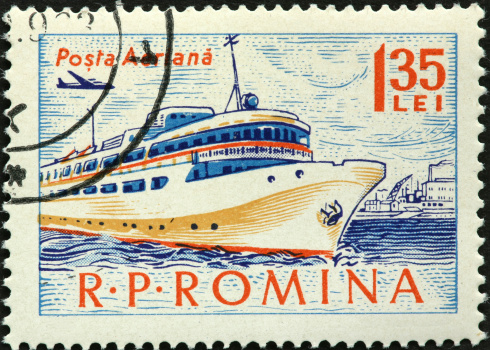 small cruise ship on a 1950s Romanian stamp.