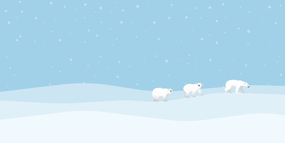 Polar bears family walking on ice have snowfall at North Pole vector illustration. Snow landscape concept with blank space.