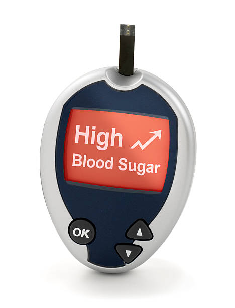 High Blood Sugar on Glucose Meter High blood sugar shown on glucose meter. Includes clipping path for screen. high blood sugar levels stock pictures, royalty-free photos & images