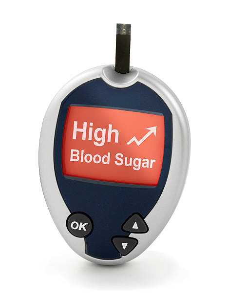 High Blood Sugar on Glucose Meter High blood sugar shown on glucose meter. Includes clipping path for screen. blood sugar test stock pictures, royalty-free photos & images