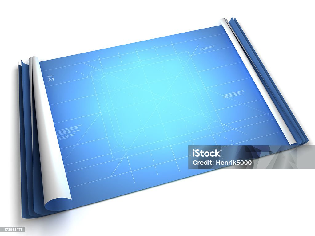 Blueprint with room for your product (Clipping path included) High quality 3d render of unfolded blueprint plans with room for your product to be added onto the plans center. Clipping path is included. Blueprint Stock Photo