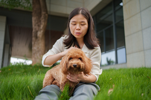 Woman holding puppy on grass