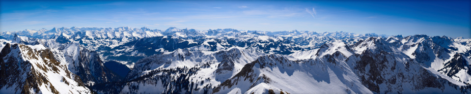5:1 panorama in the Swiss Alps. In this shot you can see the bernese alps. This is a famous resort for backcountry skiing.