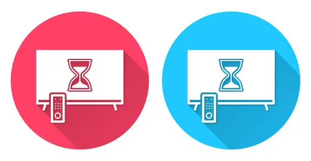 Vector illustration of TV with hourglass. Round icon with long shadow on red or blue background