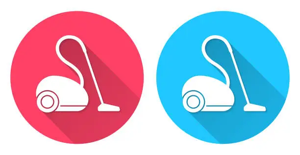 Vector illustration of Vacuum cleaner. Round icon with long shadow on red or blue background