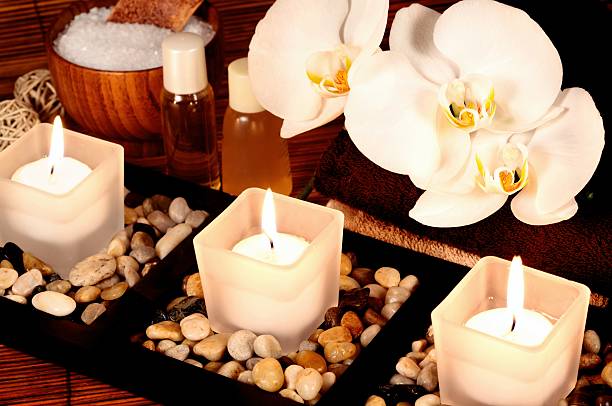 istock Spa Candles, orchids, bath oils and salts 173854651