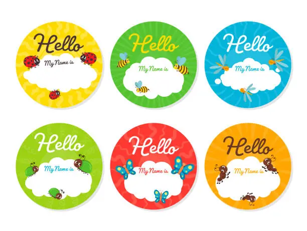 Vector illustration of Hello childish cute name tag with funny cartoon insects round badge set vector illustration