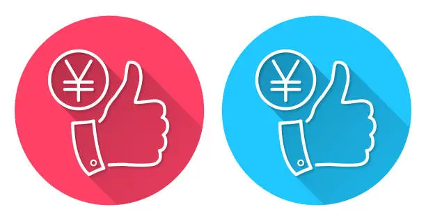 Vector illustration of Yen coin with thumbs up. Round icon with long shadow on red or blue background