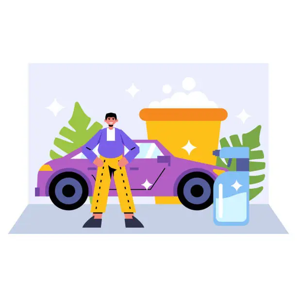 Vector illustration of Cartoon owner standing near clean car. Detergents for car cleaning concept