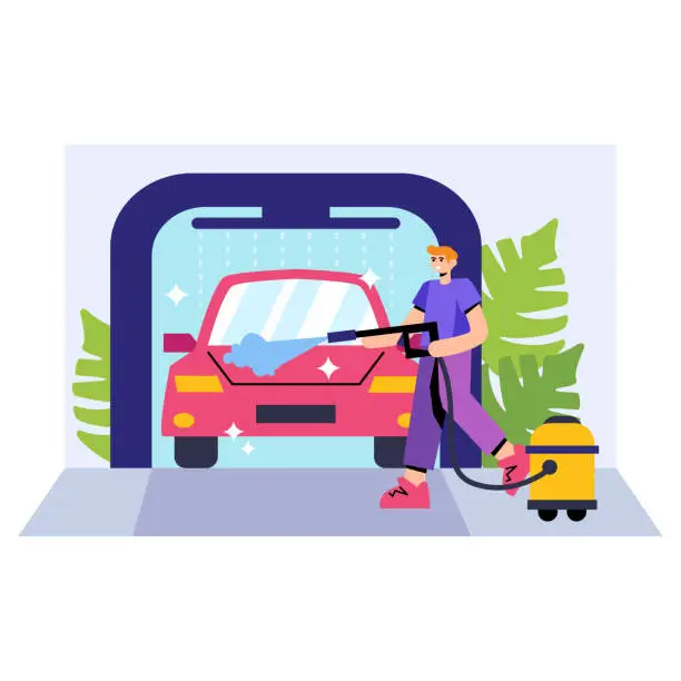 Vector illustration of Smiling man washing car with special equipment, using detergents in garage