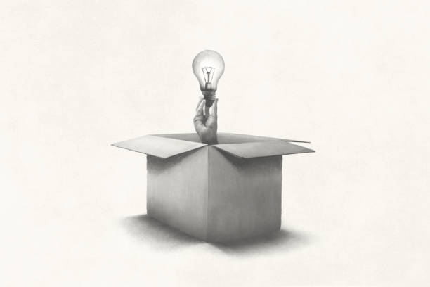 istock Illustration of hand holding light bulb coming out from a paper box, surreal concept 1738566861