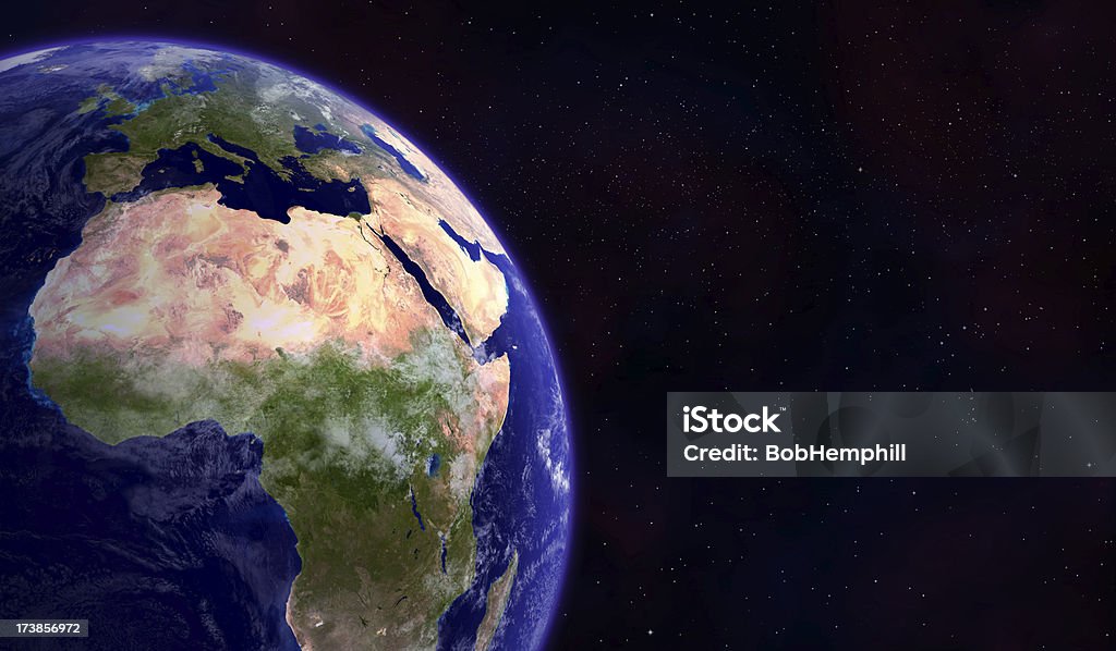 Planet Earth from Space 3D render of our home planet with star field background.  Plenty of copy space. Africa Stock Photo