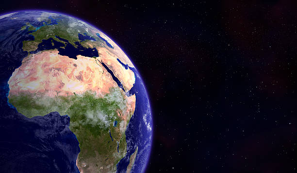 Planet Earth from Space 3D render of our home planet with star field background. Plenty of copy space. planet earth africa stock pictures, royalty-free photos & images