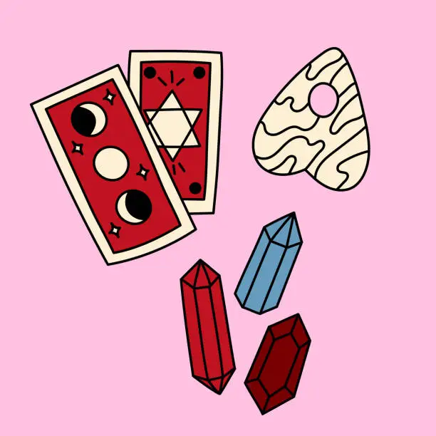 Vector illustration of tarot cards, crystals and ouija board