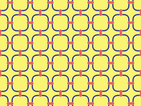 Free hand drawing of the monochrom of blue and red vintage Geometric seamless pattern on yellow background for use as frabic pattern, cover and background