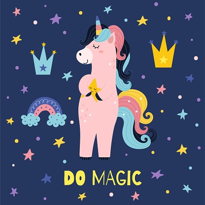 Do magic print for kids with a cute unicorn. Poster with a magic horse and text. Great for t shirt, greeting cards, apparel. Vector illustration
