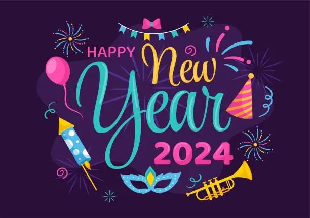 Vector illustration of Happy New Year 2024 Celebration Vector Illustration with Trumpet, Fireworks, Ribbons and Confetti in Holiday National Flat Cartoon Background