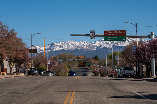 The small quiet town of Blanding in southern Utah offers spectacular views from its main street towards snowcapped mountains.