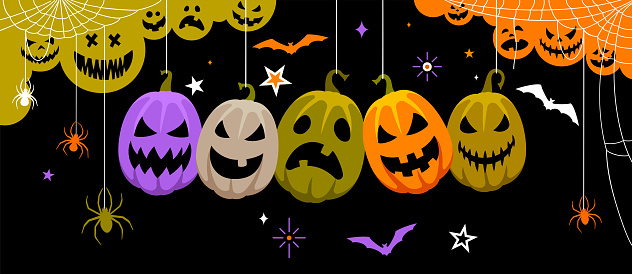 Happy Halloween Banner Design. Halloween Poster. Logo. Halloween hanging Labels. Smiling pumpkins.