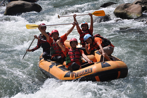 Magelang, October 2023, White water rafting on the Elo River in Magelang. Very good current for white water rafting tourism. Many people enjoy holidays with family and friends