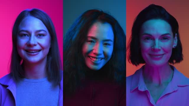 Multi Screen of Happy Portraits of Women Together Looking at Camera and Smiling in Neon Colored Light. Multiscreen Split Shot of Asian Girl and White People in Age Diversity. Various Multiracial Human