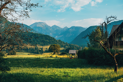 Bohinj valley below Julian Alps in Triglav national park in Slovenia in summer morning