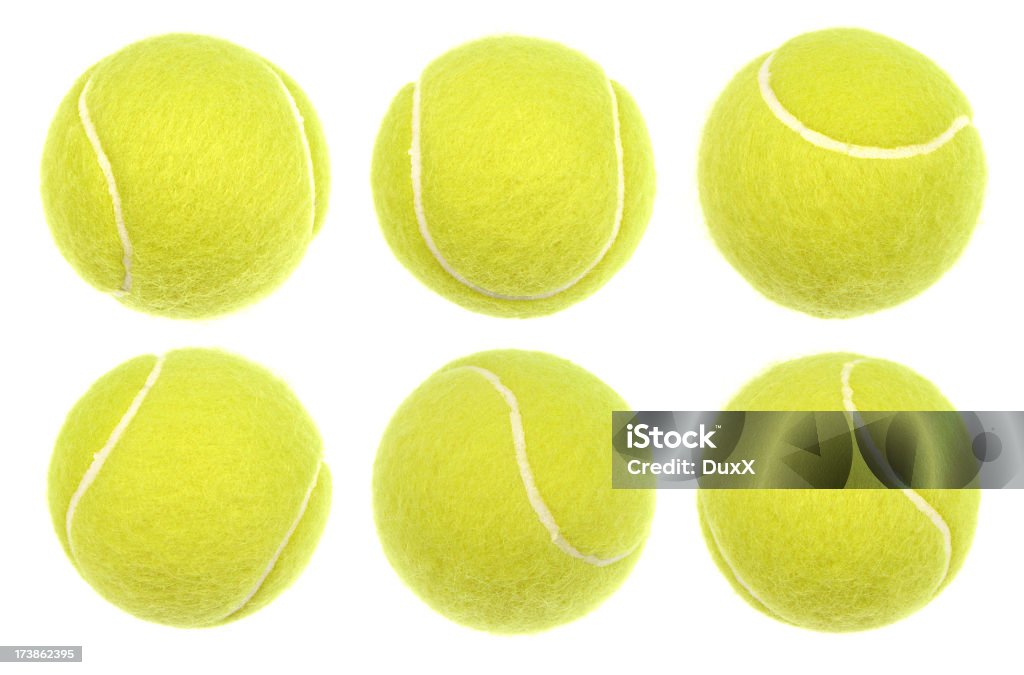 Six tennis balls isolated on a white background Close up macro shot of every tennis ball with highest possible level of details. Real professional sport equipment. Tennis Ball Stock Photo