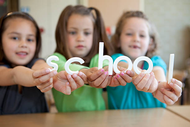 istock Three little girls with the word “school” 173862809