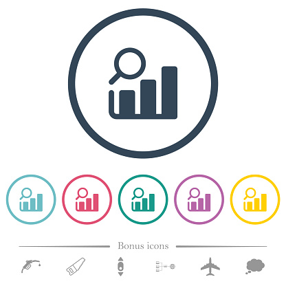 Business analysis flat color icons in round outlines. 6 bonus icons included.