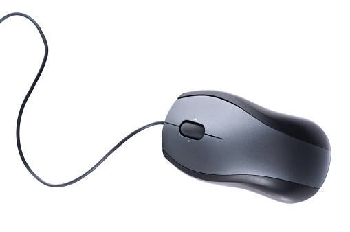 Top view of a computer mouse, isolated on white, with copy space.