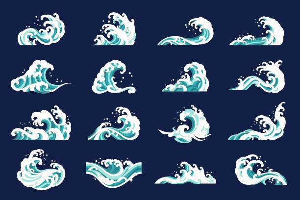 japan wave splashing water shape flat linear set japan wave splashing water shape flat linear vector illustration set breaking wave stock illustrations