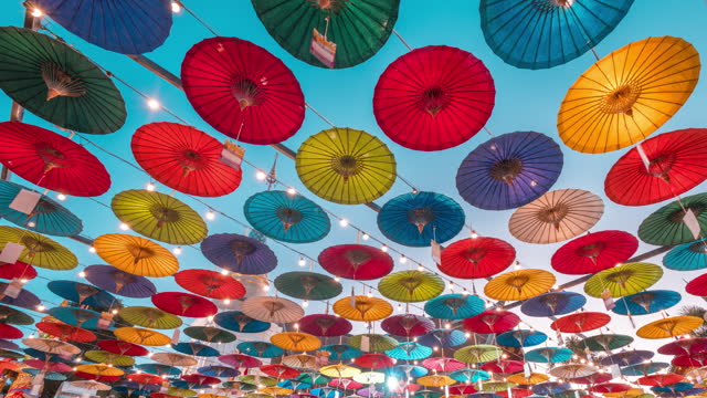 Umbrellas decorations in Loi Krathong Festival at temple chiang mai Thailand
